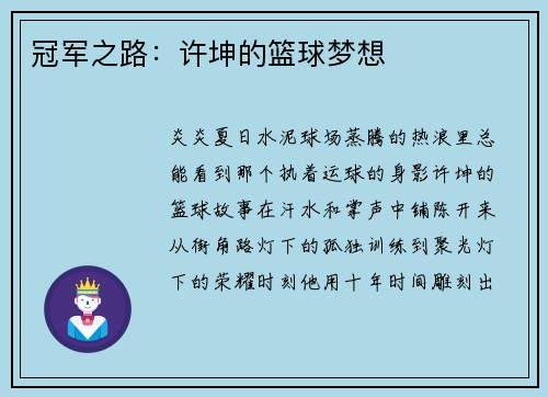 冠军之路：许坤的篮球梦想